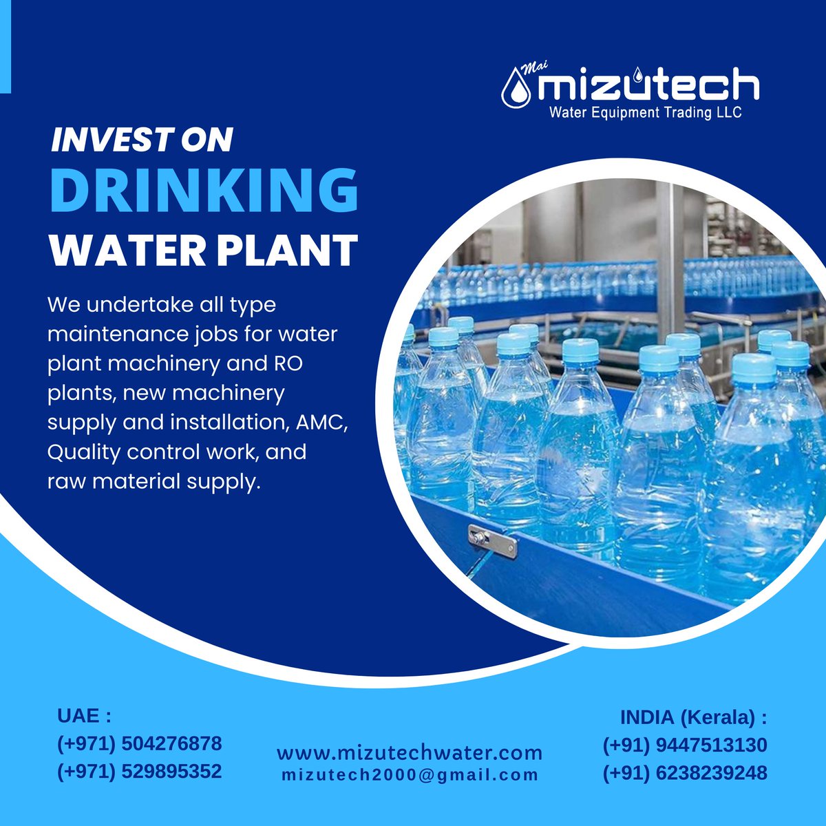 mizutech1's tweet photo. Looking to invest on Drinking Water Plant in Kerala/GCC Countries?
We take all type maintenance jobs for water plant machinery, new machinery supply &amp; installation, AMC, Quality control work &amp;raw material supply.
+971 50 427 6878, +91 9447513130
https://t.co/5i17Zv7MqO

#mizutech https://t.co/KSlEKxG9r9
