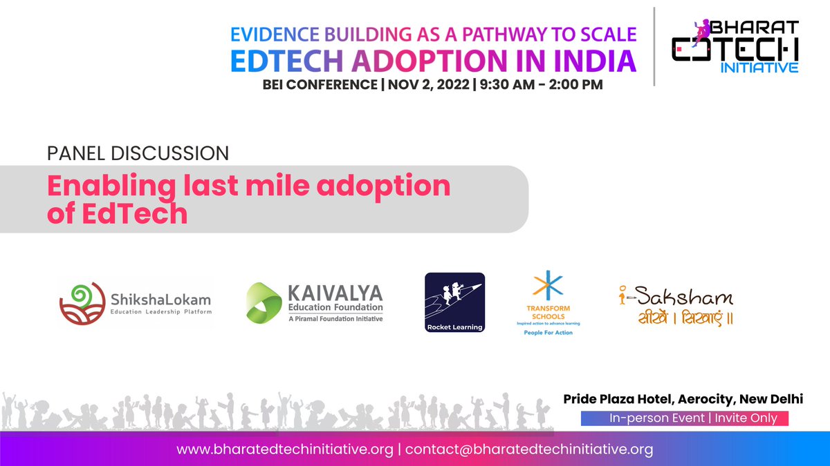The final #paneldiscussion at #BEI's Conference on Nov 2 will focus on 'Enabling last mile adoption of #EdTech'. The panellists will include eminent speakers from @ShikshaLokam, @Kaivalya_India, @learning_rocket, @TransformEdu_, and @iSakshamWork. Stay tuned for updates.