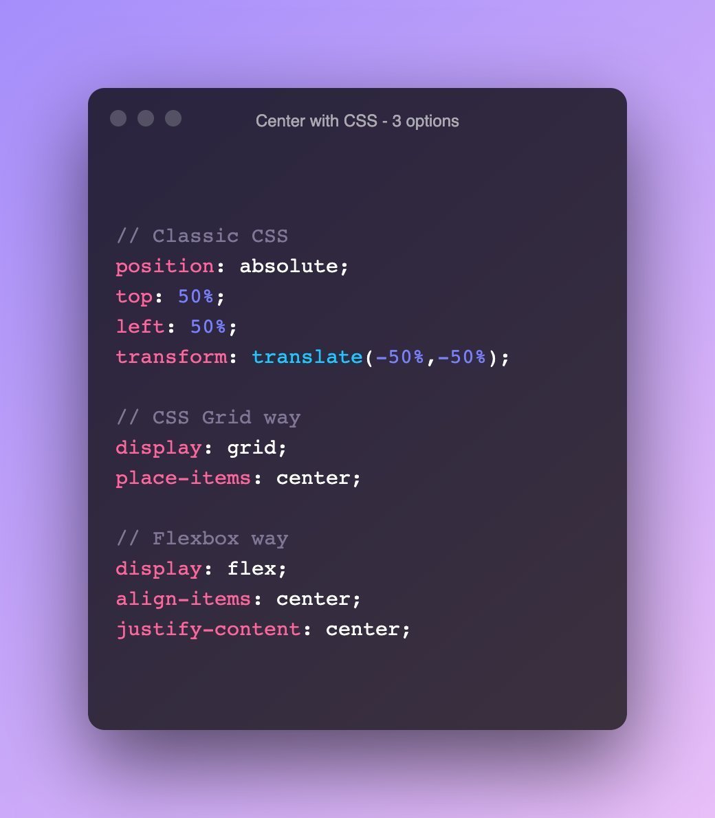 Web developers should know how to center that div, right?

Here are 3 ways to center horizontally and vertically in CSS (position, grid, flexbox).

Which one is your preferred way?