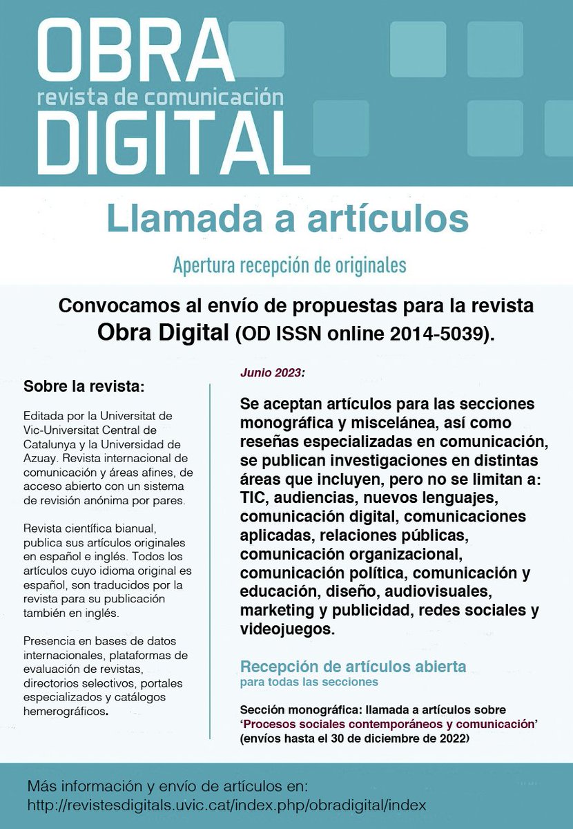 cscolari's tweet photo. Call for Papers de la revista #ObraDigital @uvic_ucc #uvic_ucc #uvic @ruthsofhia https://t.co/egeKly9vU3