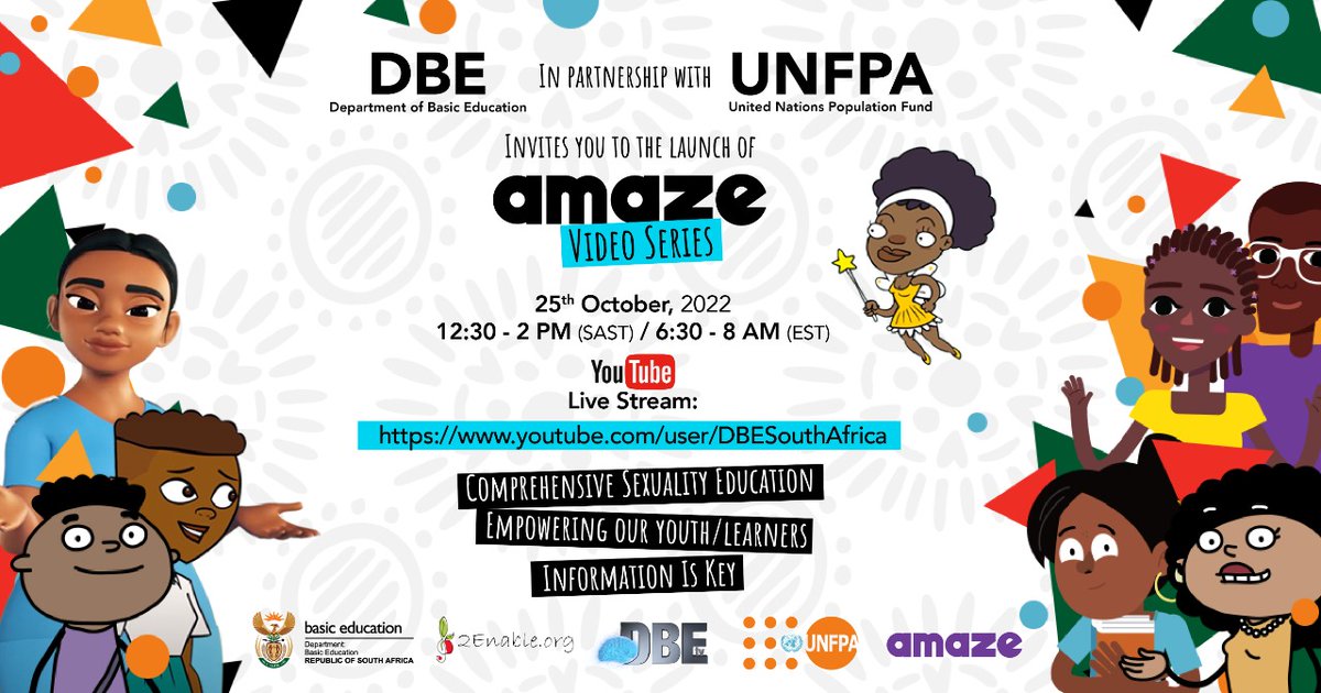 2EnableOrg's tweet photo. 2Enable in partnership with @DBE_SA &amp; @UNFPA presents @AmazeAfrica &amp; @AmazeParents Africa Video Series Launch supported by Dbe_tv 
Catch it live on: https://t.co/Z4jvUcXBa6 
#comprehensivesexualityeducation #informationiskey #lifeorientation #empoweringyouth https://t.co/mbAcZkRRSN