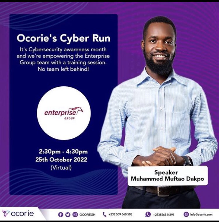 ocoriegh's tweet photo. Next on our cyber run is a stop with team @enterprisegh01
Follow us for insights and trainings on the local and global cyber security landscape. 
#CyberSecurity #Awareness #ocorie #LeavingNoOneBehind #InformationSecurity https://t.co/N8yPRamGQp
