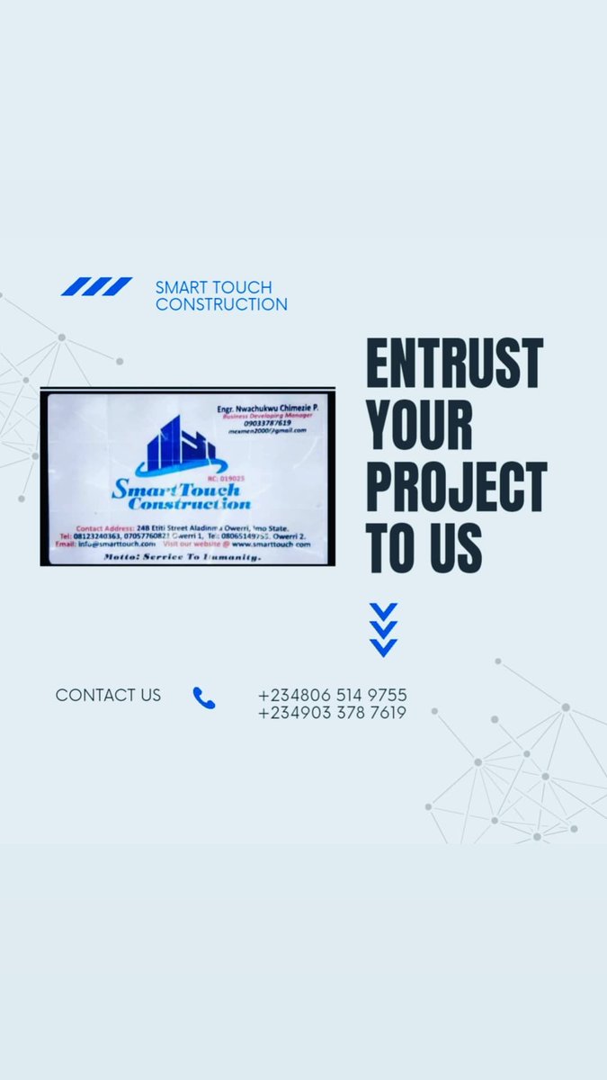 SmarttouchC's tweet image. SmartTouch Construction Limited
Contract us for building plan, interior and exterior design in building, maintenance and Building services.
🤙 08065149755 or 🤙 09033787619