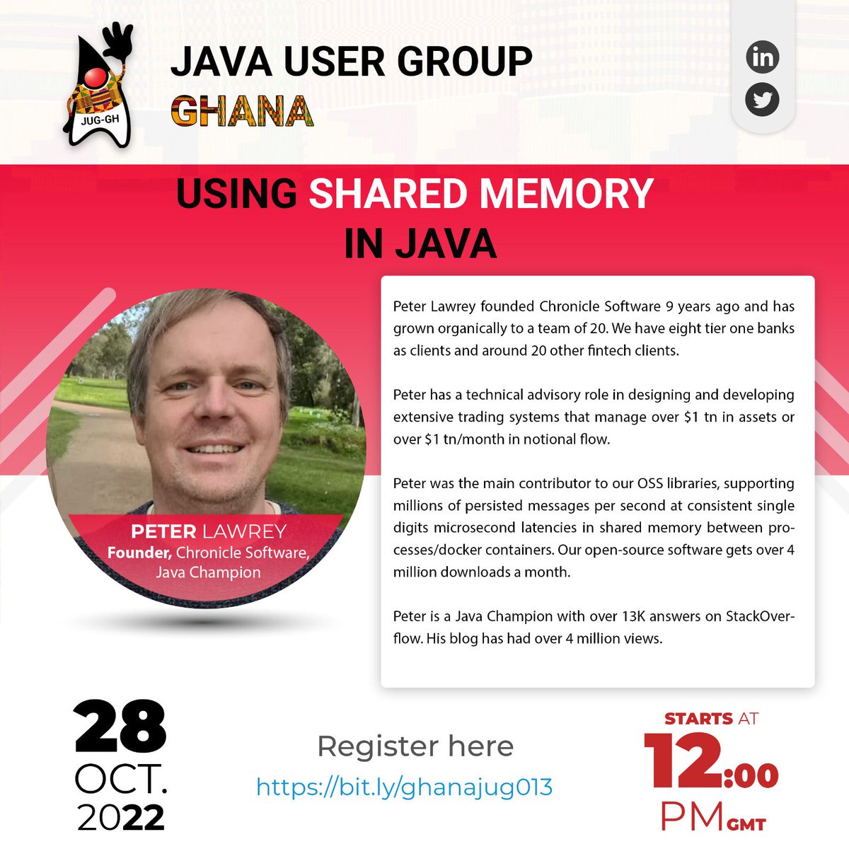 Shared memory between processes can be 100x faster than communication over TCP, and simpler in some cases.

Join us this Friday to learn more about using shared memory in #Java and why they help with 
<a href="/PeterLawrey/">Peter Lawrey</a>
 
Register here:  bit.ly/ghanajugO13