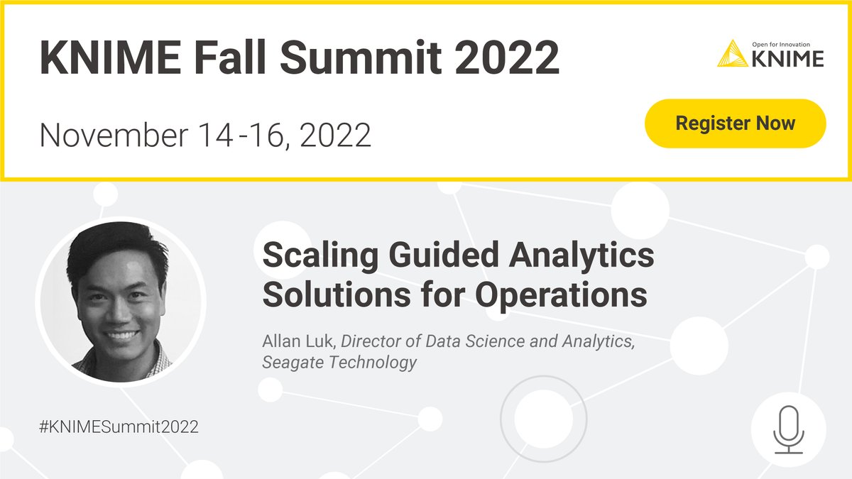 knime's tweet image. Join Allan Luk at the #KNIMESummit2022 in Austin, Texas for a deep dive session on the use cases where he will share how they use #KNIME software at @Seagate. You can also join this session virtually. Register now! eu1.hubs.ly/H021csx0

#guidedanalytics