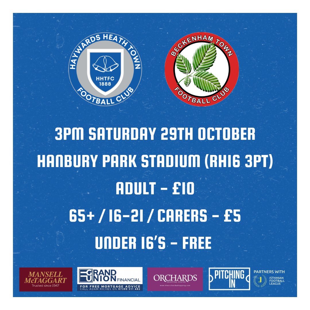 Next up: @beckenhamtownfc! Be there this Saturday as we take on high flying league newcomers Beckenham Town. As always, we want to see as many of you there as possible, supporting the Blues 💙 Some amazing food and drink available too 😏 #HHTFC