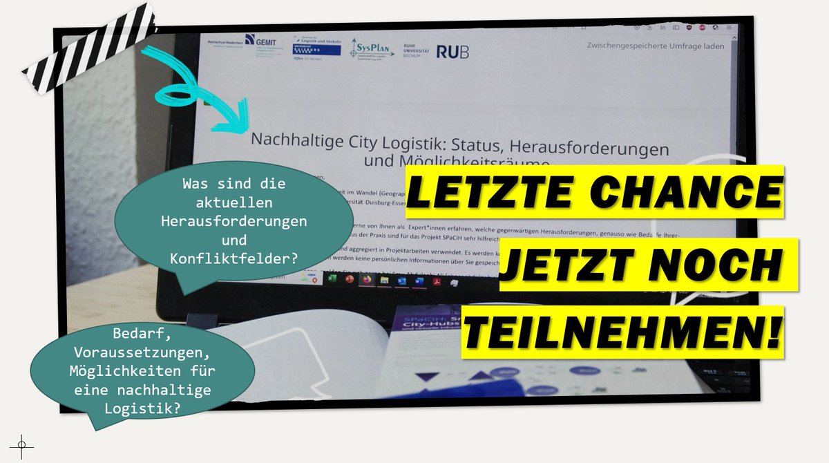 Wir wollen IHRE #Meinung aus der #Praxis! Nur noch wenige Tage für die Teilnahme an unseren Fragen zu "Nachhaltiger City Logistik: Status, Herausforderungen und Möglichkeitsräume". Gefragt werden Expert:innen aus dem Einzelhandel: #logistik #nachhaltigkeit survey.geographie.ruhr-uni-bochum.de/index.php/5753…