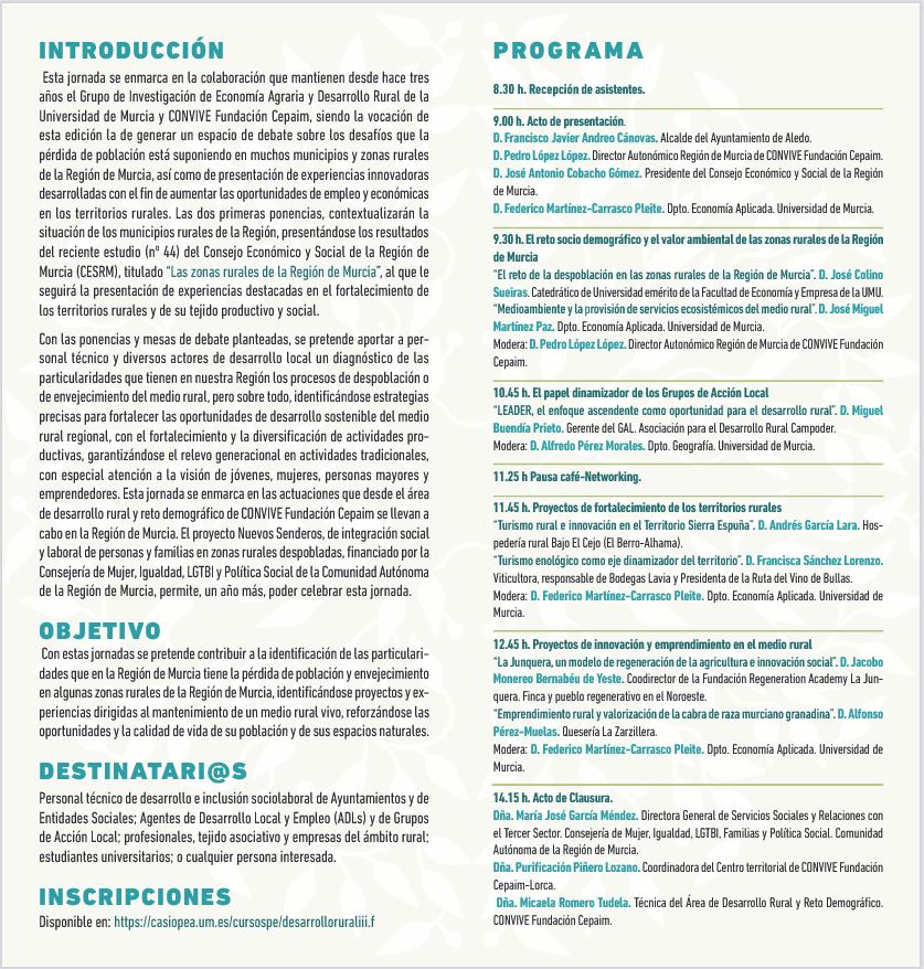 jmeco69's tweet photo. III JORNADAS DE DESARROLLO RURAL E INNOVACIÓN SOCIAL. La regeneración económica de las zonas rurales de la Región de Murcia. 28/10/2022
https://t.co/MMazIA9QG1 https://t.co/BaCaLDmRnr