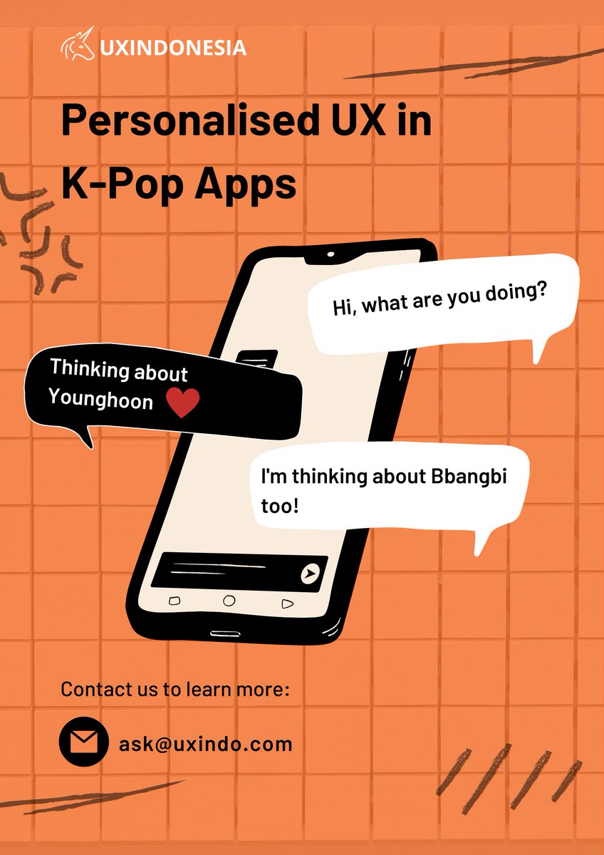 Di dunia KPop, terdapat aplikasi private chat yg membuat fans mendapatkan "pengalaman personal" berinteraksi dengan artis idola. Dalam UX, hal ini disebut personalisasi. Yuk belajar tentang Personalisasi &amp; UX! Hubungi kami di ask@uxindo.com
#uxindonesia #cxinsight #kpopapps