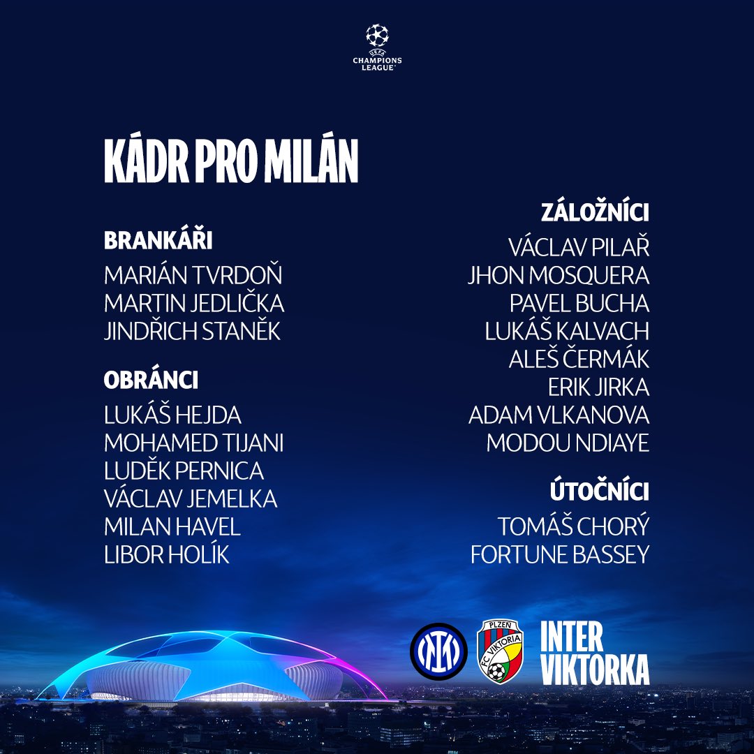 fcviktorkaplzen's tweet photo. Pro poslední venkovní zápas v letošní skupině Ligy mistrů bude v Miláně k dispozici tento kádr 🇮🇹 #fcvp #INTPLZ #UCL @ChampionsLeague https://t.co/NEmJbtAiZC