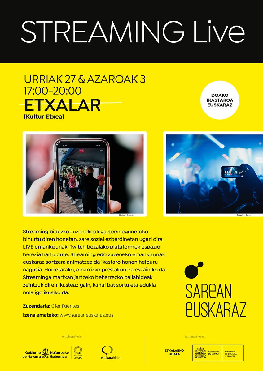 SEuskaraz's tweet photo. ➡️ Nafarroako Gobernuak, @euskarabidea_na-ren  bitartez, #sareaneuskaraz egitasmoaren barnean antolatu dituen ikastaroak martxan dira oraindik !
#IKT #kulturadigitala #gazteak #euskara

📱🔛 Azaroaren 3an, 17:00etatik 20:00etara, Etxalarko Kultur Etxean, STREAMING Live ikastaroa. https://t.co/gXsGr806u6
