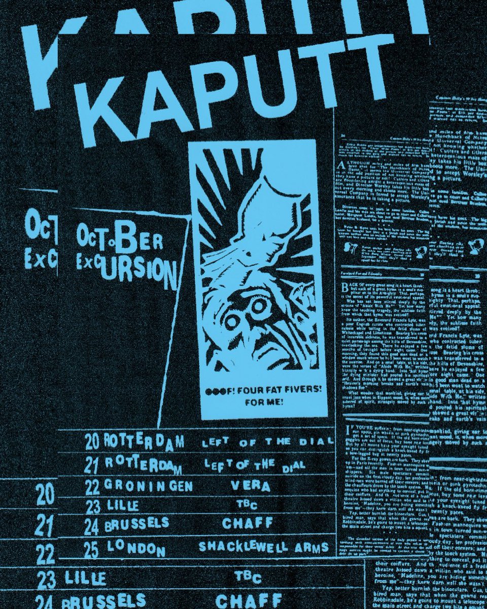 Exciting timez! Kaputt’s October excursion stops off in London tonight @ShacklewellArms, where they’ll be joined by Charlène Darling, Shake Chain and DJ Féecale! Join us for a night of utterly broken post-punk, skewed chanson melodies and unruly lyric-bespattered noise rock!