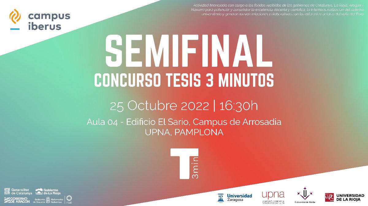 Las estudiantes de <a href="/doctoradoUR/">Doctores Unirioja</a>  Rebeca Aritio, María Díaz de Cerio, Rosa Fernández, Ana Sainz y Marta Parrales compiten esta tarde en la semifinal del Certamen #Tesis3Minutos de <a href="/CampusIberus/">Campus Iberus</a> en <a href="/UNavarra/">UPNA - Universidad</a> 
¡La final será en <a href="/unirioja/">Universidad de La Rioja</a> !

my.mtr.cool/wjqlztbhds

¡Ánimo 💪💪💪!