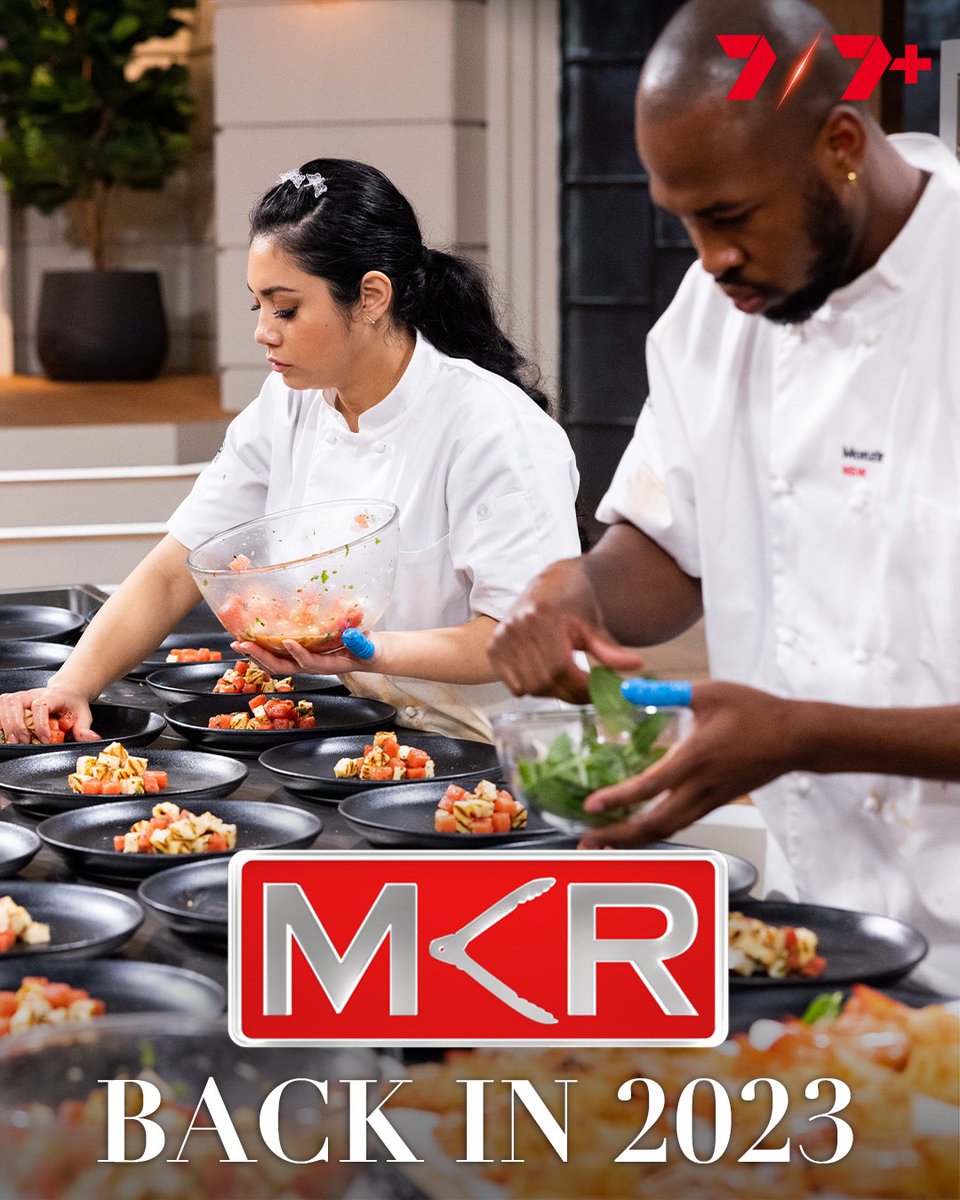 Channel7's tweet photo. Australia's most-loved cooking show, #MKR, will return in 2023 with more great food, engaging home cooks and all-round family fun 🍴 #7Upfront https://t.co/Y765pmu0xv