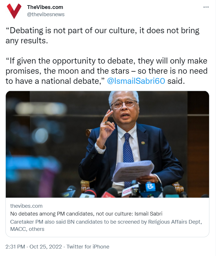 luqmanlong's tweet photo. Debat bukan budaya kita.

Budaya kita budaya mengampu, angguk tunduk dengan pemerintah, pejam mata tengok rasuah, tak boleh tegur pemimpin.

Itu yang negara jadi mundur. Pemimpin mahu budaya mundur, bukan budaya orang bijak pandai. https://t.co/8sMsJuoQ5z
