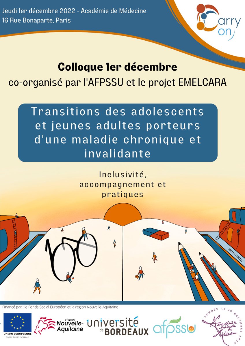 Carry_on_2020's tweet photo. ❗️Nous co-organisons le 𝐣𝐞𝐮𝐝𝐢 𝟏𝐞𝐫 𝐝𝐞́𝐜𝐞𝐦𝐛𝐫𝐞 un #colloque sur le thème des #transitions des #adolescents et jeunes adultes porteurs d'une #maladie #chronique et #invalidante avec @AFPSSU à @acadmed. ❗️
Inscrivez vous 👉https://t.co/H9AZhoGXMp 👈 https://t.co/GZtC9I8sjj