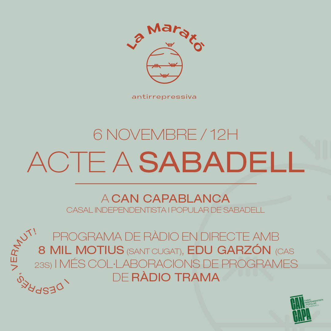 Marató antirepressiva a #Sabadell

Amb les intervencions d'Eduardo Garzón (<a href="/Detingudes23S/">Detingudes23S</a>), <a href="/8MilMotius/">8 Mil Motius</a> i <a href="/RadioTramaSBD/">#RadioTramaSBD</a>.

📆 Diumenge 6 de novembre
⏰ 12.00h
📌 <a href="/cancapablanca/">Can Capablanca</a>

✊🏽 A Sabadell i arreu dels Països Catalans, seguim estenent la solidaritat amb la <a href="/MaratoAntirepre/">Marató Antirepressiva</a> .
