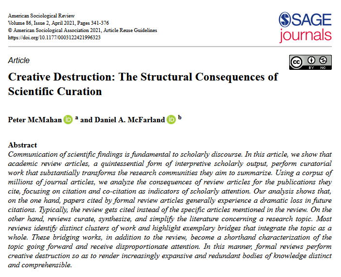 Next up in the SOD📖Recommendation series: On the destructive capacity of reviews! With the best of intentions, reviews often oversimplify a domain of knowledge and poach future citations and attention from the papers they cite. So.. do you still want to be included in reviews?🤷‍♀️