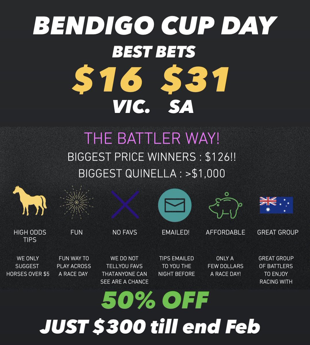 🚨🚨2 x $25 FREE SWINGS!

Like and retweet AND comment 1 or 2 for chance!

$17 winner Monday!
To get our value tips join for 50% off at aussiepuntingbattler.com/product-page/s…