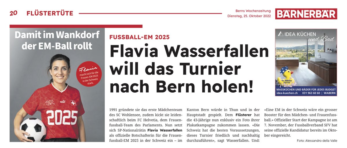 1991 gründete sie das erste Mädchenteam des SC Wohlensee, zudem kickt sie leidenschaftlich beim FC Helvetia, dem Frauenteam des Parlaments. Nun setzt sich @FWasserfallen als offizielle Botschafterin für die #Frauenfussball-EM 2025 in der Schweiz ein.

#EM2025 #WEURO2025