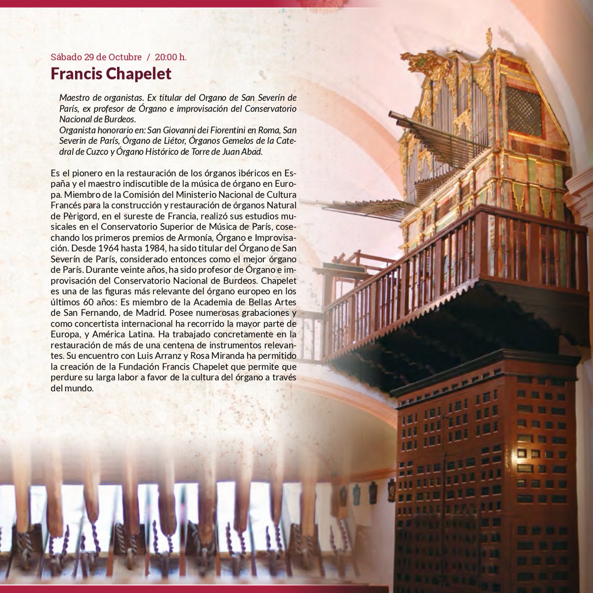 OrganodeLaTorre's tweet photo. Francis Chapelet y Uriel Valadeau cerrarán de manera magistral la XXI edición de conciertos. Sábado, 29 de octubre, 20 horas en el órgano histórico de Torre de Juan Abad https://t.co/Dwezf0jVdu