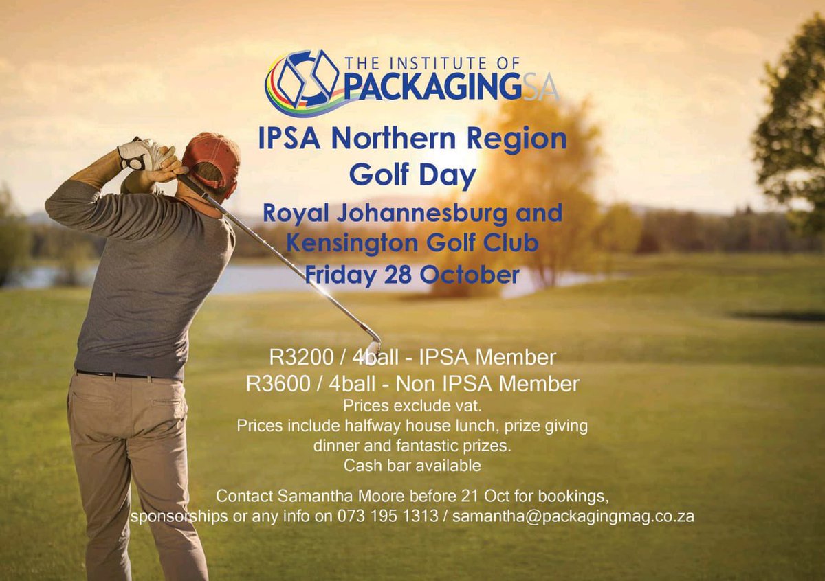 The Institute of Packaging SA (Northen Region) invites you to its Golf Day at the Royal Johannesburg and Kensington Golf Club this Friday, the 28th of October 2022. 

Contact Samantha Moore for bookings: samantha@packagingmag.co.za or 073 195 1313