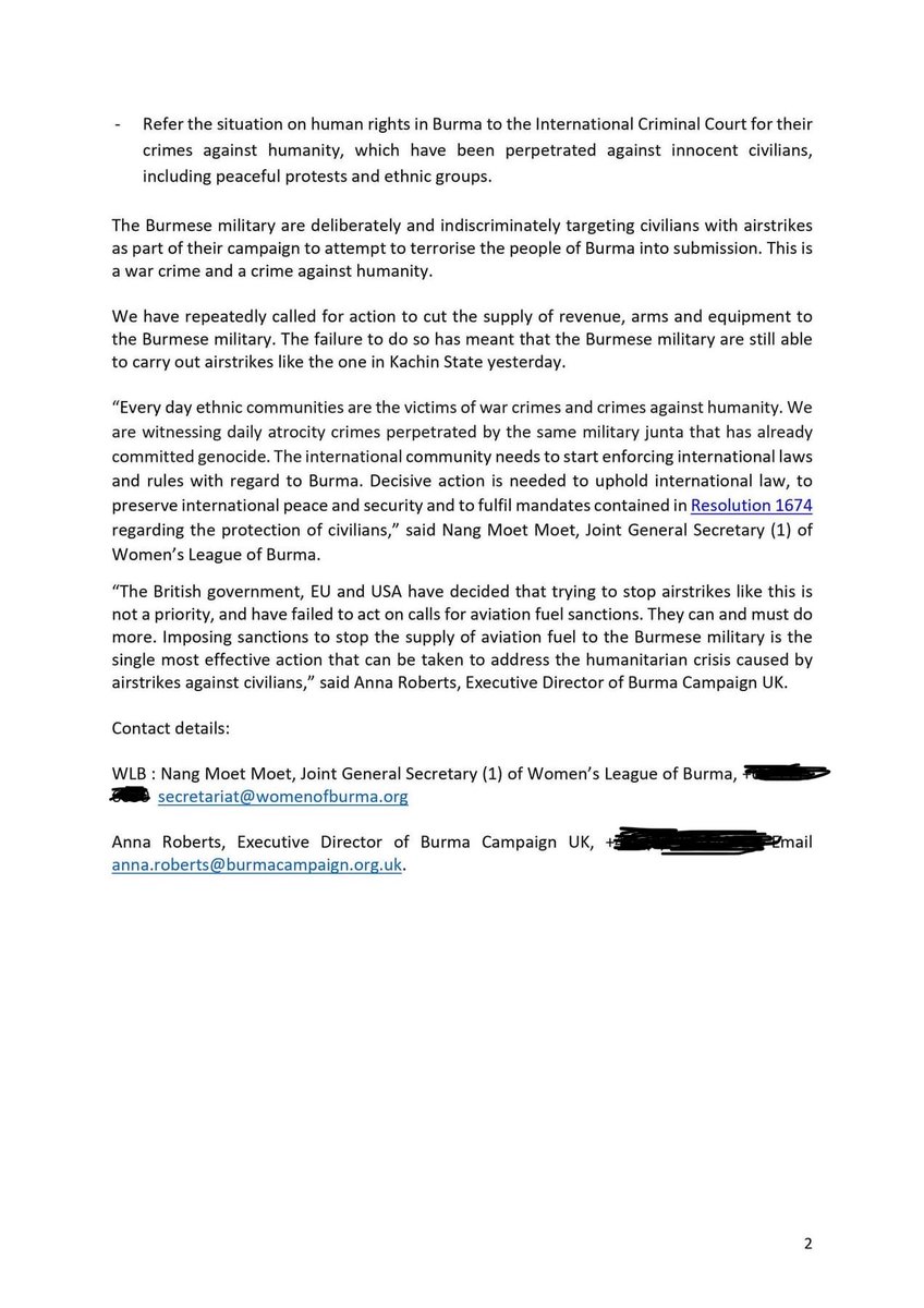 Zoya Phan (@zoyaphan) on Twitter photo Statement by @womenofburma and <a href="/burmacampaignuk/">Burma Campaign UK</a> regarding the Burmese military airstrikes in Kachin State. At least 80 people have been killed and 100 were injured. The statement calls for-
✅Aviation fuel sanction
✅Targeted sanctions
✅Global arms embargo
✅ICC referral Statement by @womenofburma and <a href="/burmacampaignuk/">Burma Campaign UK</a> regarding the Burmese military airstrikes in Kachin State. At least 80 people have been killed and 100 were injured. The statement calls for-
✅Aviation fuel sanction
✅Targeted sanctions
✅Global arms embargo
✅ICC referral