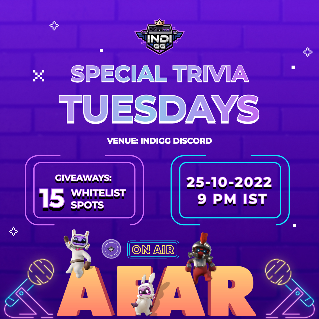 Ready #IndiGG Fam?👋 We are back with Trivia Tuesday & this time it's with @playafar, a #Metaverse and gaming experience minting soon on #ETH Come prepped for the Quiz on AFAR with 15 #Whitelist spots as a #Giveaway💰 📍Trivia VC on discord- discord.com/invite/igg ⏰9 PM IST