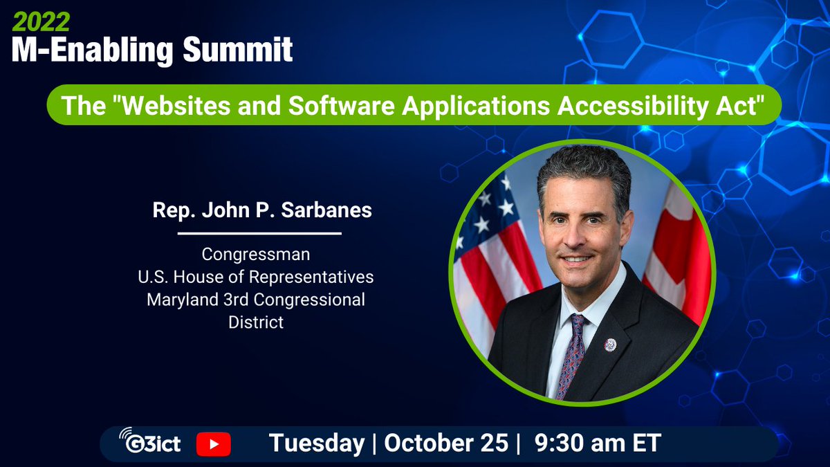 Join us on Tuesday, 25 Oct, 9:30 am as we Livestream @RepSarbanes´s address at the @mEnablingSummit 2022 speaking on The 'Websites and Software Applications Accessibility Act'. Watch the address here: youtu.be/Clx6B_YvwzA #Menabling22 #DigitalInclusion