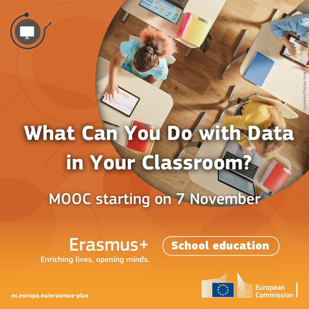 Thanks to the 🆕 European School Education Platform MOOC, starting on 🗓️ 7 Nov, you will learn about the use of AI and data in education! Join to discover the latest advances in the field & to apply them in your lessons! 📚 Register today! 👉bit.ly/MOOCDataClassr…