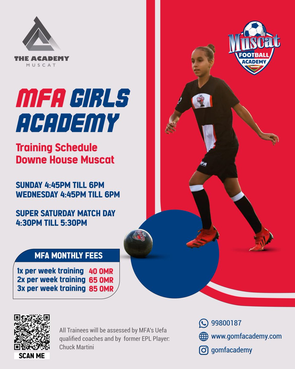 dhmuscat's tweet photo. After a successful Girls Football Open Day last week, we are excited to announce that the Muscat Football Academy in conjunction with The Academy Muscat are launching the MFA Girls Academy. Training starts next week!

To register please contact the MFA team at 9980 0187. https://t.co/6rWCzuo7jB