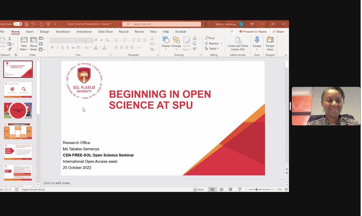 CFreesol's tweet photo. Ms Semenya from @MySPU speaking on the #openscience efforts at the institution. #cenfreesol https://t.co/mpp1WJ2Ox0