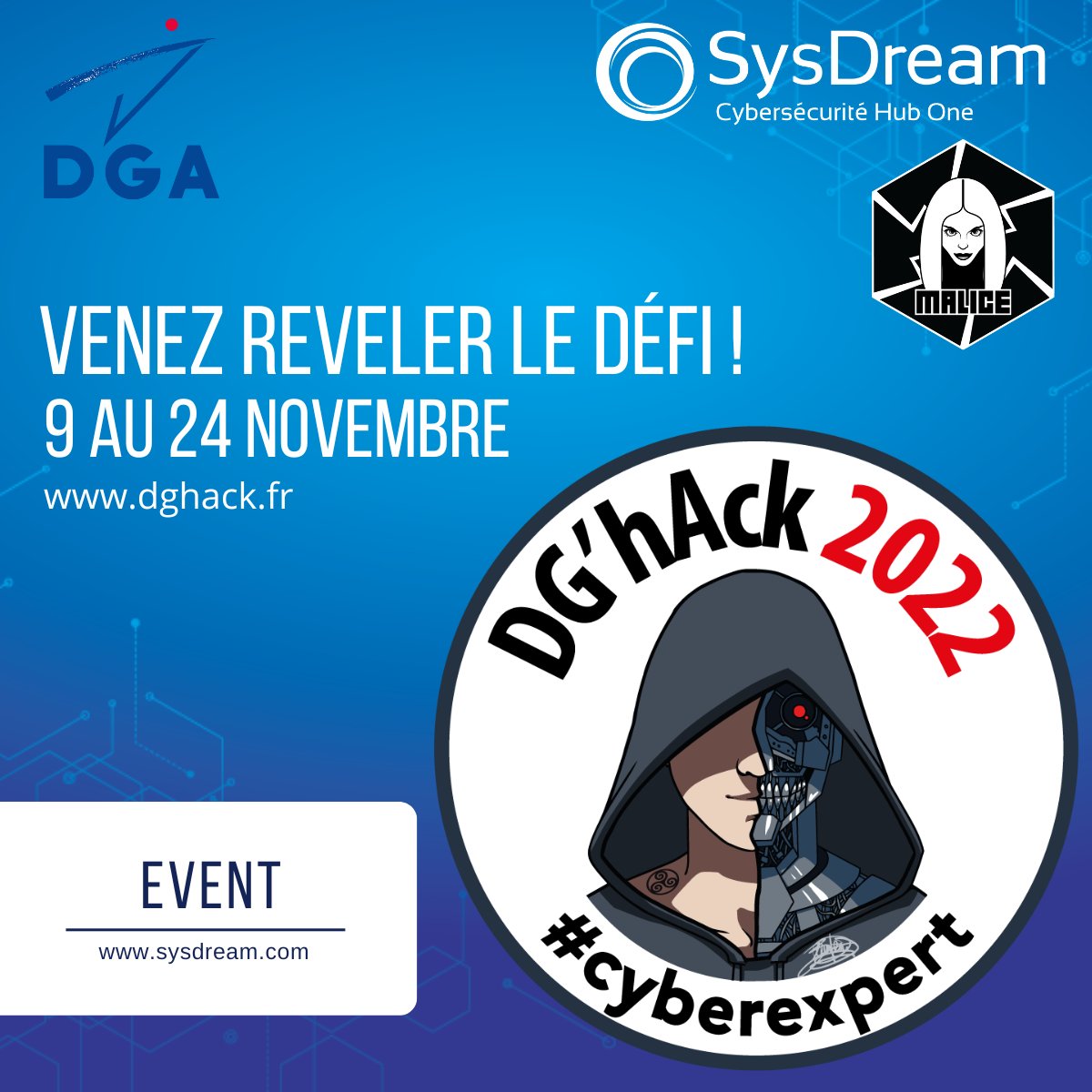 sysdream's tweet photo. Plus que quelques jours pour vous inscrire au #DGhAck événement @DGA opéré grâce à notre plateforme de cyber entraînement MALICE du 9 au 24 novembre.
Résolvez les challenges créés par nos équipes et décrochez un entretien d’embauche à la DGA-MI.
#cyberexpert #recrutement https://t.co/fT6F0miAct