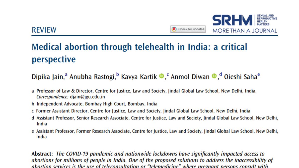 SRHMJournal's tweet photo. A review of the legal framework around #abortion and #telehealth in #India shows that while teleconsultations can be used to improve access to #healthcare services, the primary beneficiaries will be privileged persons for a few medical conditions.
https://t.co/Nnvnt6XcUk https://t.co/GiKwZDoqdq