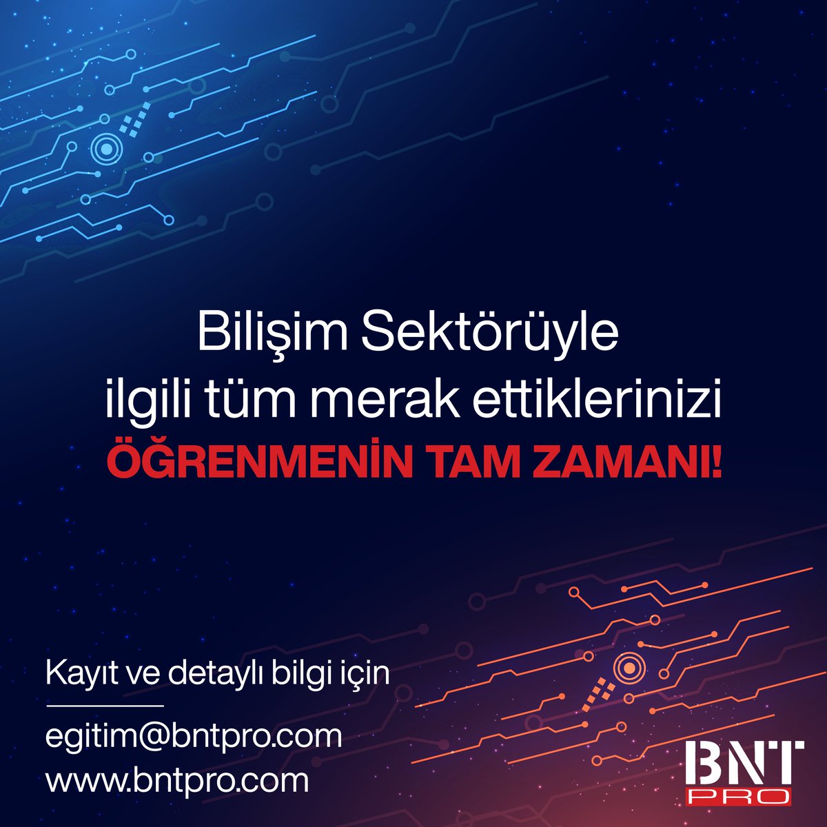 Uzman eğitmenlerimizle, bilişim sektörüyle ilgili tüm merak ettiklerinizi çeşitli eğitimlerle sunuyoruz. Yazılım, veri ve veri güvenliği gibi pek çok alanda sunduğumuz eğitimler için; egitim@bntpro.com adresinden bizimle iletişime geçin.

#BNTPRO #veriihlali #verigüvenliği