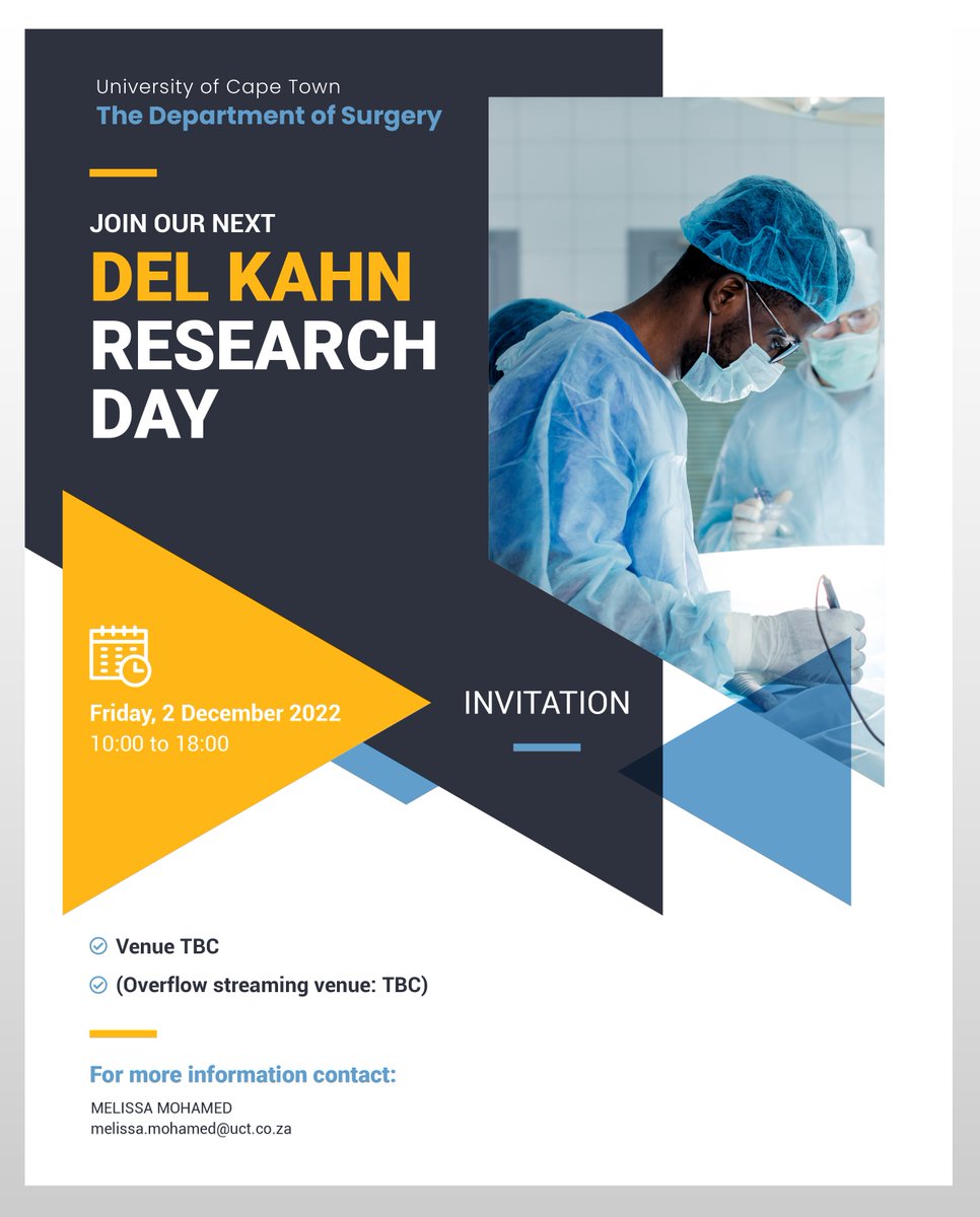 Orthopaedic Research Unit (@uct_oru) on Twitter photo Dear colleagues
The 2022 Department of Surgery Del Kahn Surgical Research Day is on the 2 December 2022.
Abstract submission is NOW open. Please submit your abstracts at: sdrc.uct.ac.za
7 November 2022 is the deadline
Contact <a href="/MaritzLaubscher/">Maritz Laubscher</a> for more information. Dear colleagues
The 2022 Department of Surgery Del Kahn Surgical Research Day is on the 2 December 2022.
Abstract submission is NOW open. Please submit your abstracts at: sdrc.uct.ac.za
7 November 2022 is the deadline
Contact <a href="/MaritzLaubscher/">Maritz Laubscher</a> for more information.