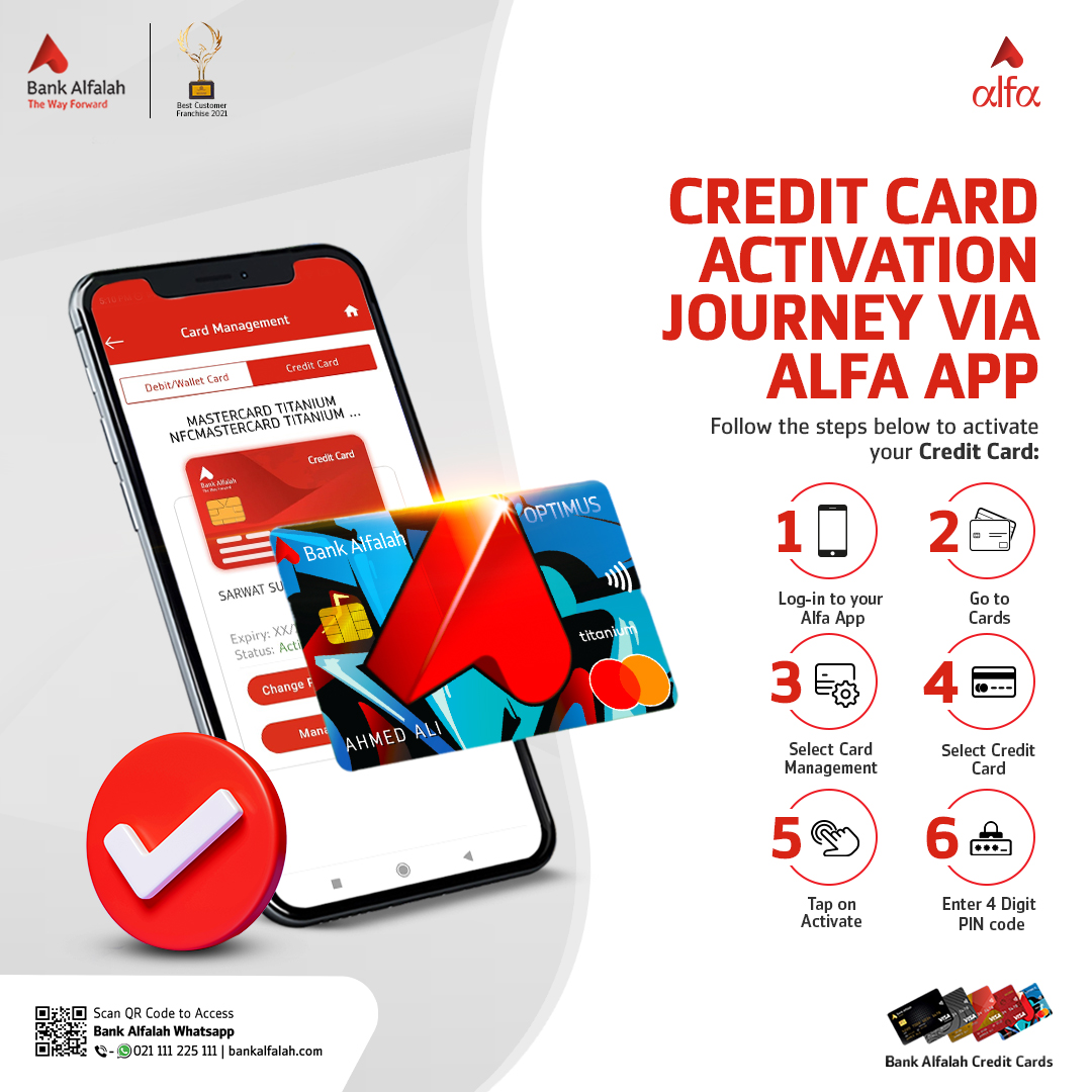 BankAlfalahPAK's tweet photo. Are you tired of waiting in call queues for your card activation? Skip it altogether and activate your credit card easily via Alfa App now.
Visit https://t.co/5ogh2wiVsW or call us at our helpline at 021-111-225-111.
#BankAlfalah #CreditCardActivation #Alfa #TheWayForward https://t.co/rMzKyEP6Q5
