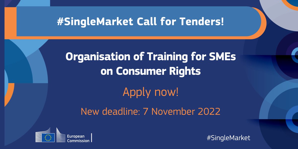 2⃣ weeks left to apply to the #SingleMarket call for tenders❗️

Under this call, Consumer Law Ready project will provide 🇪🇺-wide consumer training &amp; up-to-date information for #SMEs and #startups on #ConsumerLaw.

🗓️ Deadline: 7 November 2022

Learn more👉 europa.eu/!tXH8Bq