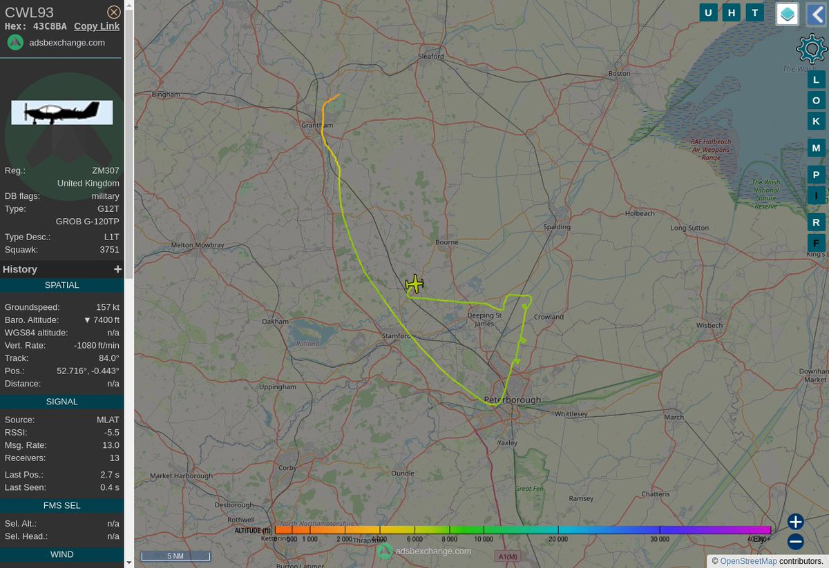 MULTI ADSBX MANOEUVRING ALERT : At time Tue Oct 25 09:06:26 2022 #CWL93 was likely to be manoeuvring at FL82 9nm from WIT Wittering_TACAN_GB near Towngate East, Sheepskin Hall, Deeping St. James, #AvGeek #ADSB globe.adsbexchange.com/?icao=43C8BA&z…