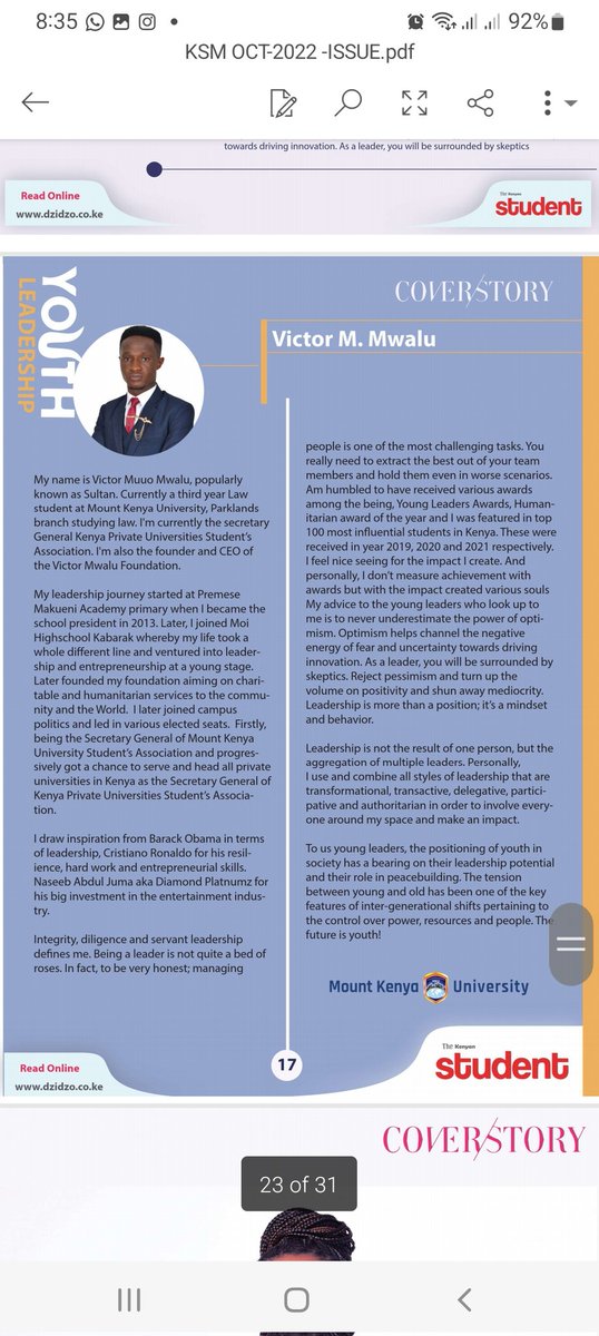 victormwalu's tweet photo. Humbled to have been featured on @MagazineKenya on the top story/cover page. I hope to continue inspiring young people and creating impact within my space! https://t.co/SYjomndgzA
