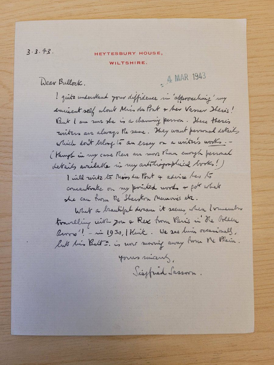 A lovely find this morning while checking through some letters by Lady Victoria Stanley and her husband - this letter from Siegfried Sassoon to Malcolm Bullock in 1943.