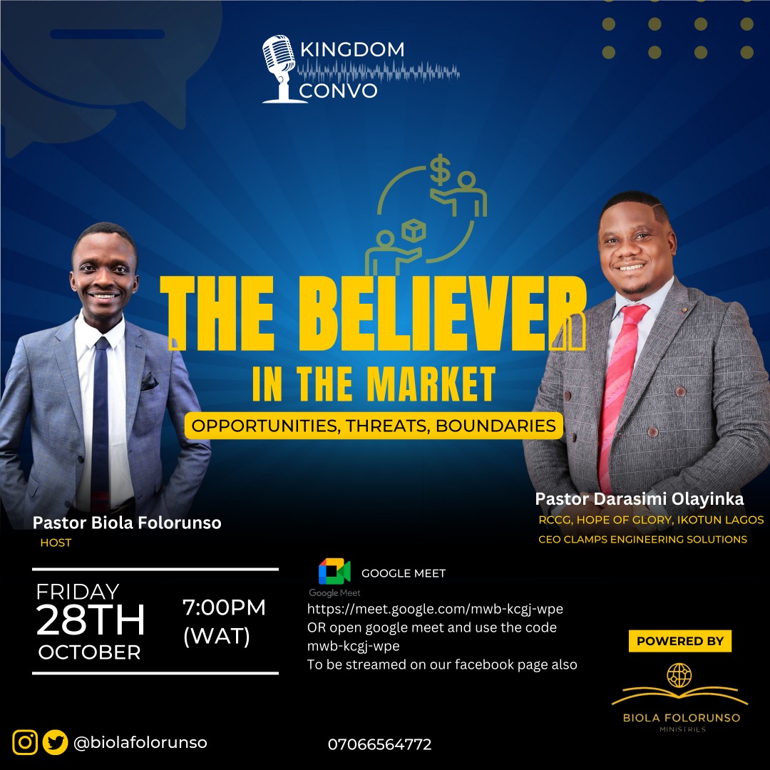 biolafolorunso's tweet photo. This friday, I will be hosting my friend, an anointed minister of the gospel and top entrepreneur @Engr_darasimi  on Kingdom Convo 

You don't want to miss this.

Join in on Google meet. 
Details on flier
@bfmministries https://t.co/bvm8AA46nU
