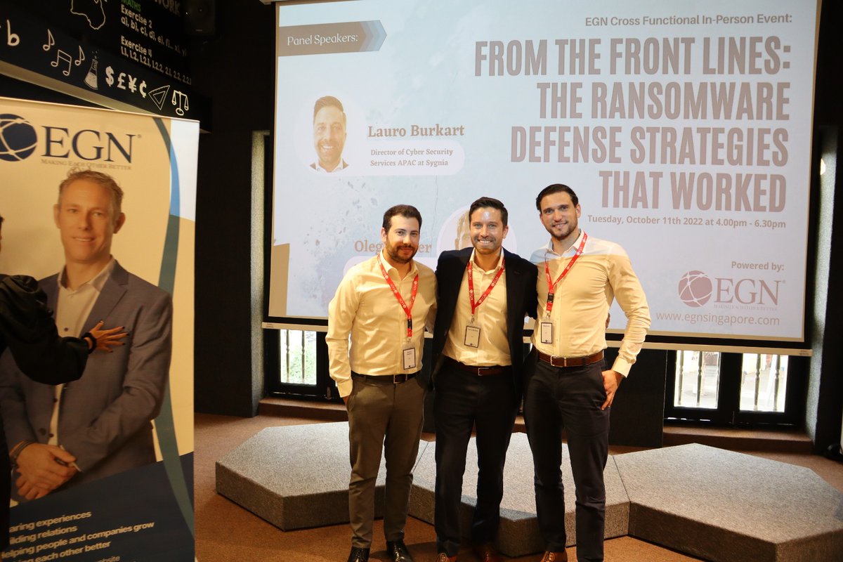 sygnia_labs's tweet photo. Our Singapore-based team, Lauro Bukart, @OlegLerner, and @AmnonKushnir recently spoke before the @egn_singapore executive leadership peer group.

The cherry on top were the real-live IR case studies that provided tips and advice from our top incident responders in the region. https://t.co/JEMrYlf83t