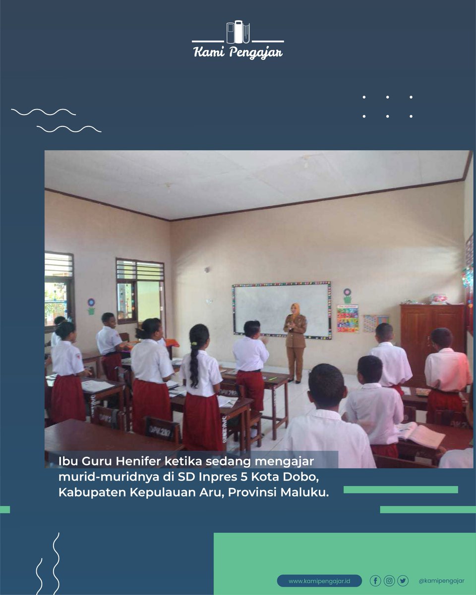 KamiPengajar's tweet photo. Hai Sobat Pengajar! inilah kisah inspiratif dari seorang Guru di daerah Timur Maluku. Beliau bernama Ibu Heni Ferawati yang biasa dipanggil Ibu Henifer, Guru SD Inpres 5 Kota Dobo, Kab. Kepulauan Aru, Provinsi Maluku.

#MerdekaBelajar
#KamiPengajar
#KomunitasMerdekaBelajar
#PMM https://t.co/Pzne4DT6gs
