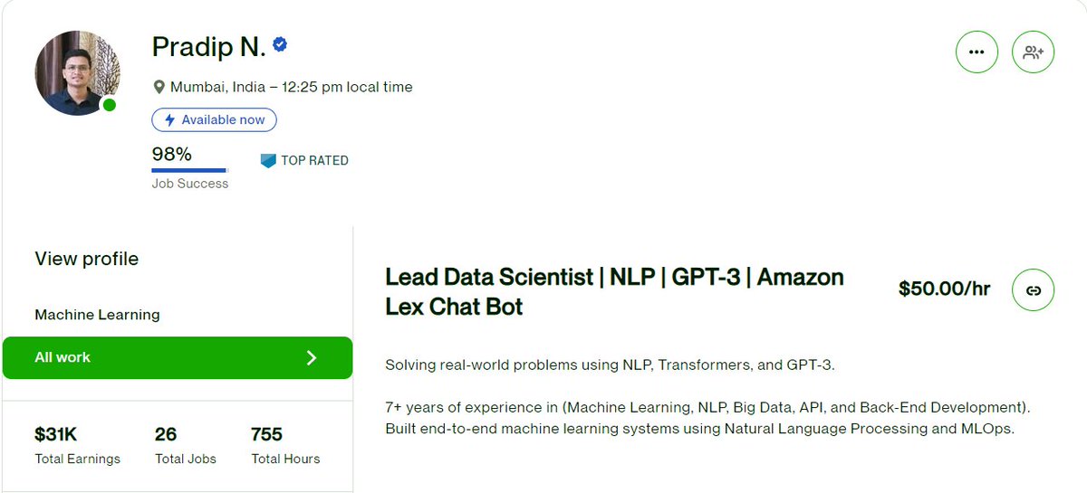 pradip_nichite's tweet image. Eight months back, I quit my job to become self-employed. 
Today I have earned more than $30K on @Upwork  and successfully delivered many projects.
But getting a first freelancing job is hard; here is How I got my first freelancing job. 
👇

#freelance #dataScientist