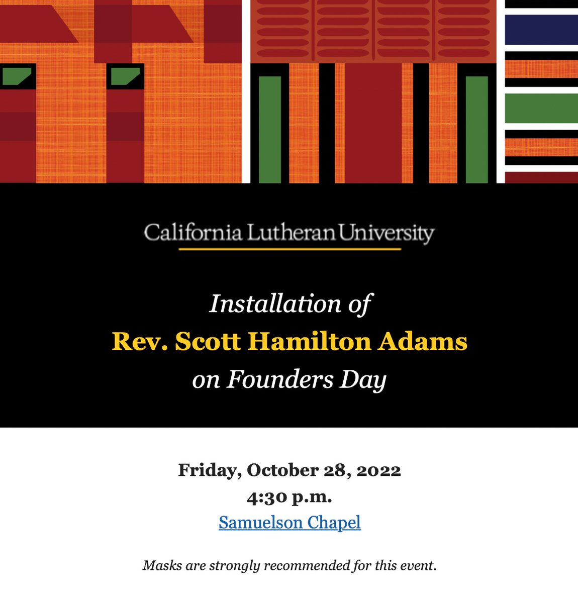 Friday, October 28, 2022 the Rev. Scott Hamilton Adams will be installed as the University Pastor at California Lutheran University. We celebrate his call to pastoral ministry as he encourages us to become what we are called to be — a beloved community. conta.cc/3sJqLg9