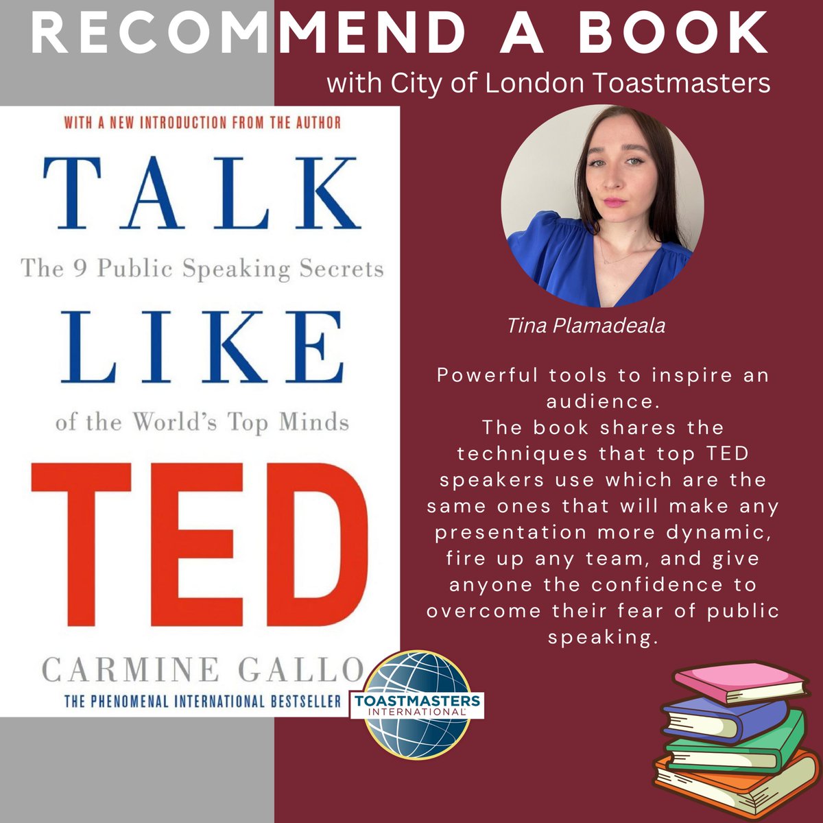 CitySpeakers's tweet photo. Recommend a Book with the #CityofLondonToastmasters!

On her #publicspeaking journey at the City of London Toastmasters, this book guided her to overcome the fear of talking in a large audience and inspired her to be more confident and deliver memorable #storytelling speeches. https://t.co/zg59W2jzZE