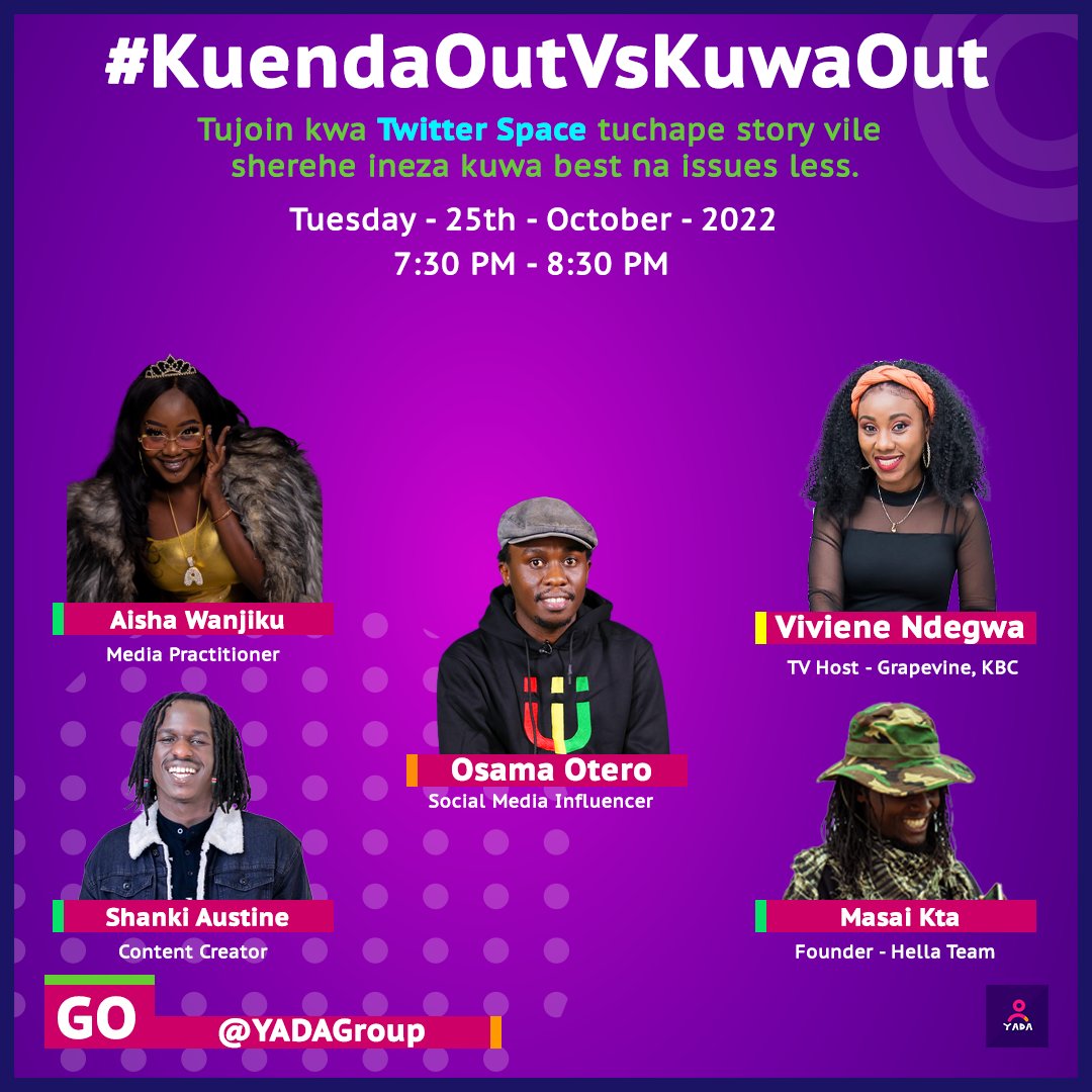 Si leo tuchangamkie hii Space ya #KuendaOutVsKuwaOut tudiscuss vile sherehe inaeza pigwa bila issues! Tutakuwa na @ShankiAustine @Osama_otero @AishaWanjiku_ @NdegwaVivian na @masaikta kama guest speakers. Kosa uchekwe! 😃