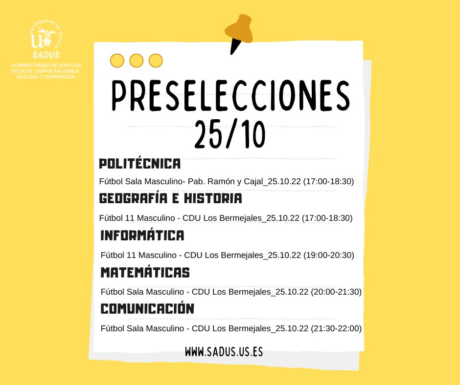 SADUSoficial's tweet image. ¿Qué preselecciones tenemos hoy? Consulta el calendario y, si toca prueba de tu centro, aquí te esperamos. Participa en los #CampeonatosUniversitarios de la @unisevilla