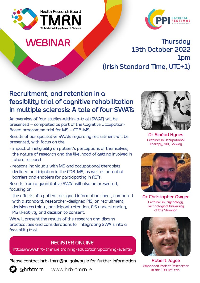 📢 If you who missed @sineadnieidhin, @CogitoErgoDwyer & @A30MinuteLife's webinar 'Recruitment, & retention in a feasibility trial of cognitive rehabilitation in multiple sclerosis: a tale of 4 SWATs', (part of @PPI_Ignite_Net festival), it's available at: hrb-tmrn.ie/online-materia…